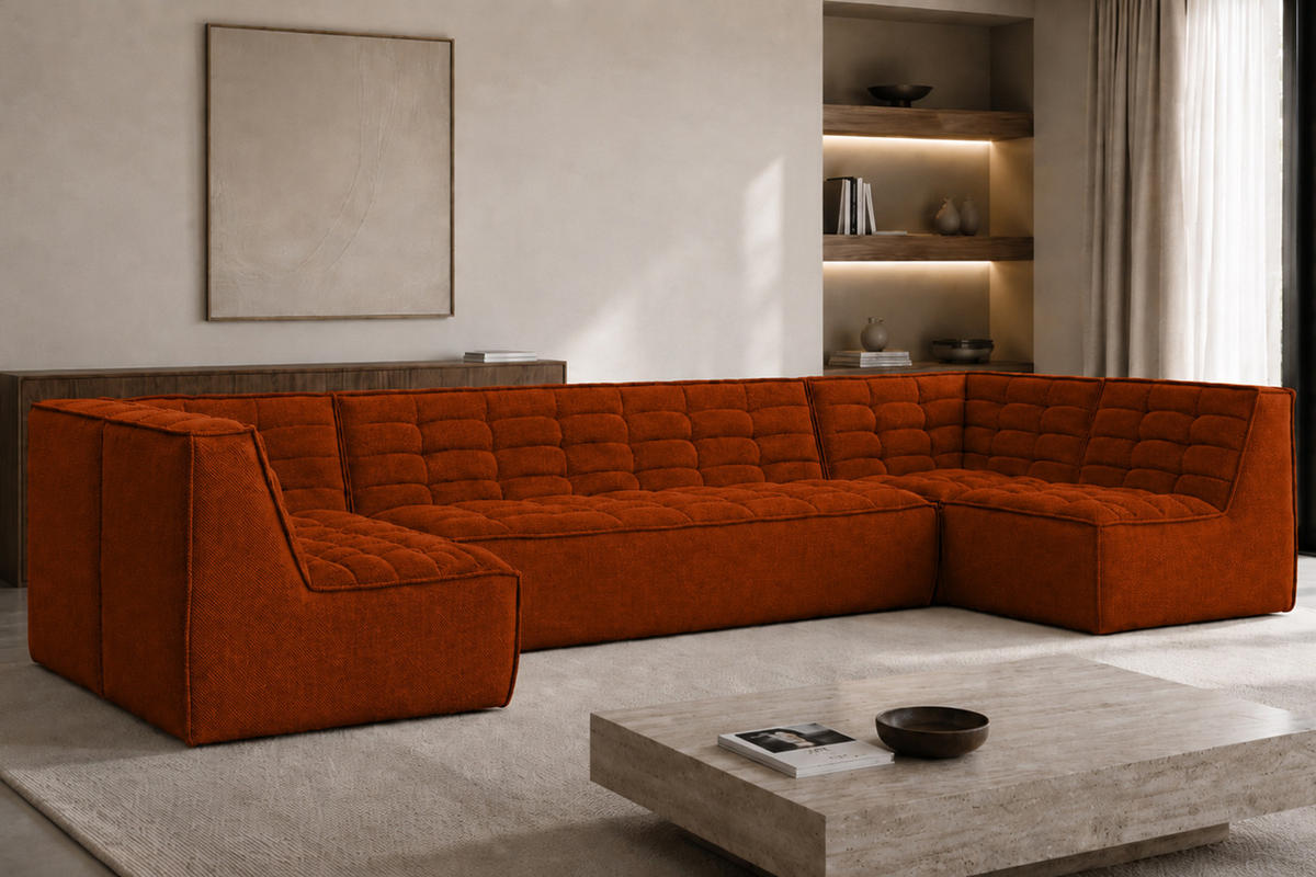 ECKSOFA Modulares U-Form, Plüschstoff Pop, Kupfer, LAZY U Medium - Kupferfarben, Holz (386/76/173cm) - Kaiser Möbel