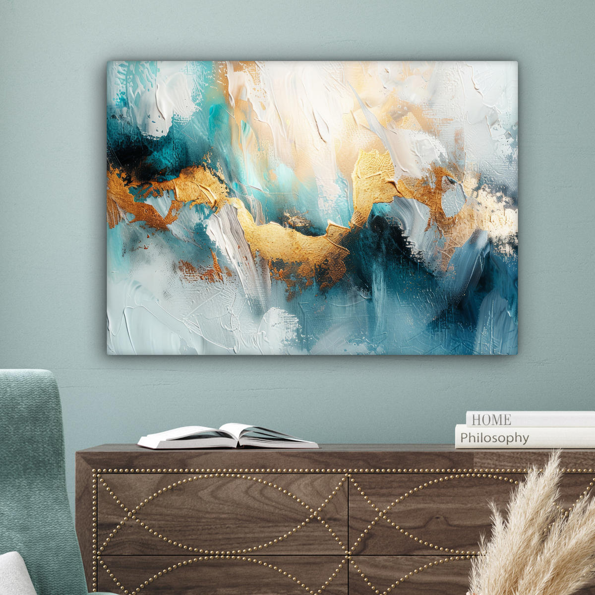 LEINWANDBILD Abstrakt - Kunst - Gold - Blau Wandbilder 80x60 cm - Petrol, Textil (80/60cm) - MuchoWow
