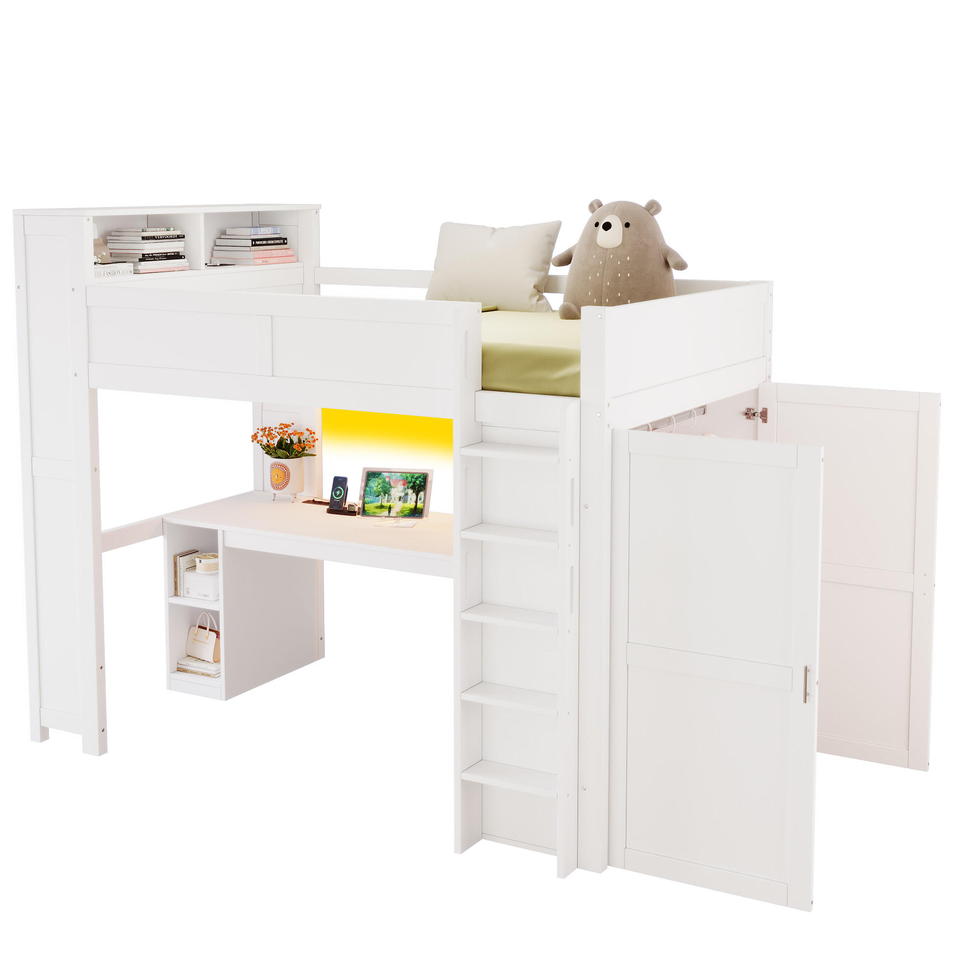 HOCHBETT 90 x 200 cm mit Schreibtisch, Staufächern, Kleiderschrank, USB-Anschluss und LED-Beleuchtung, weiß - Weiß, Holz (90/200cm) - KOMHTOM