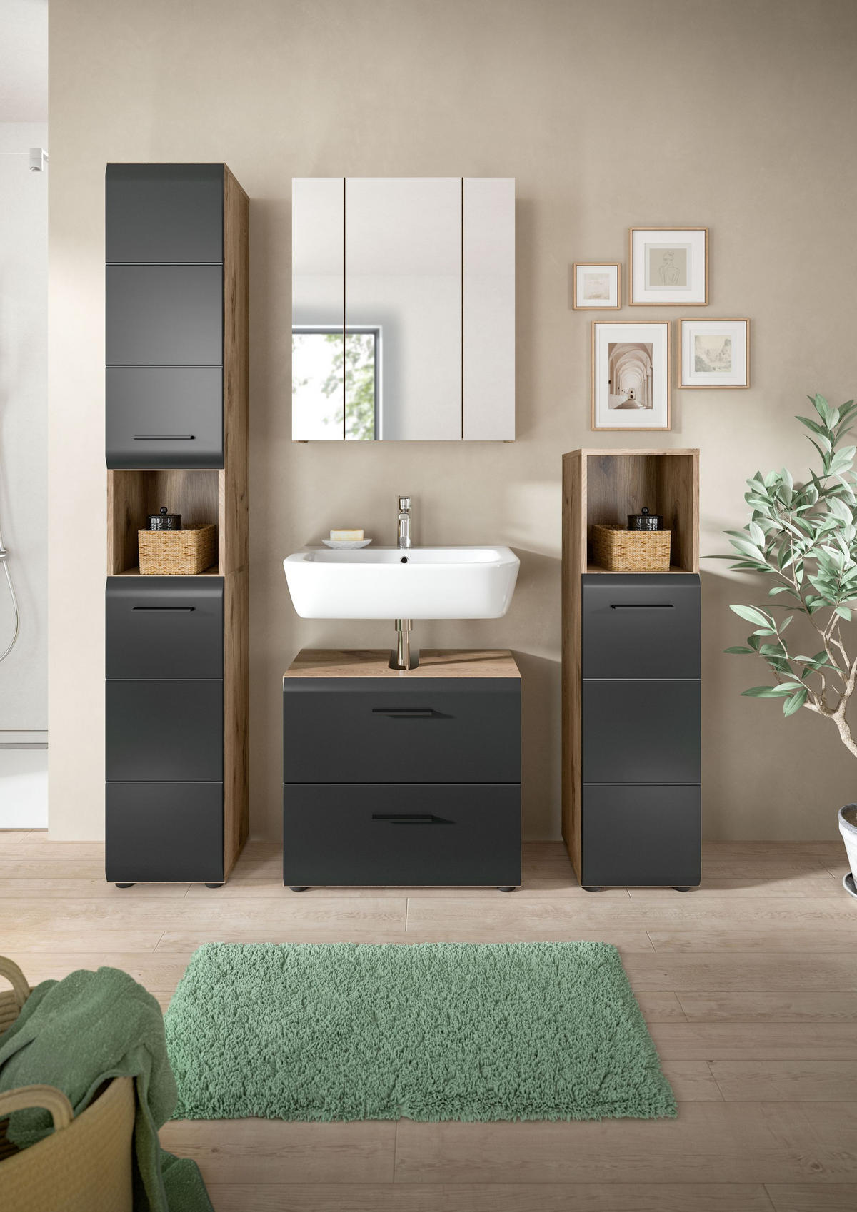 BADEZIMMER Alba 4-tlg. (B/H/T: ca. 150/185/30 cm) in Nox Oak /schwarz matt - Eichefarben, Holz (150/185/30cm)