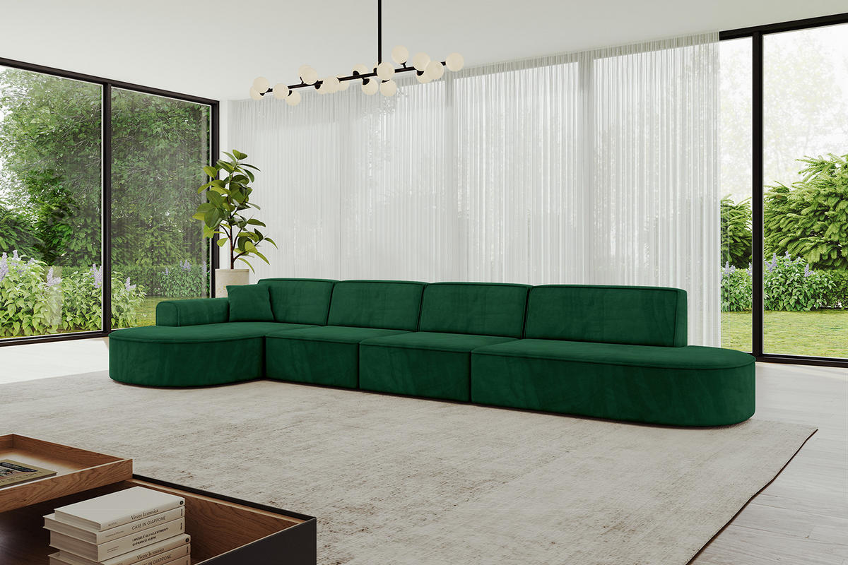 ECKSOFA Ottomane Links MARI-L3 - 413x171x79 cm Dunkelgrün Velours - Dunkelgrün/Schwarz, Holzwerkstoff/Kunststoff (413/171cm) - ALTDECOR