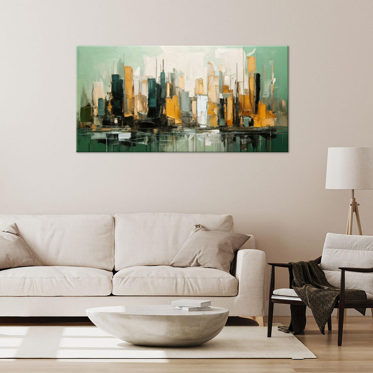 LEINWANDBILD Stadt Abstraktion Grün 80x40cm - Grün, Textil (80/40cm) - Feeby