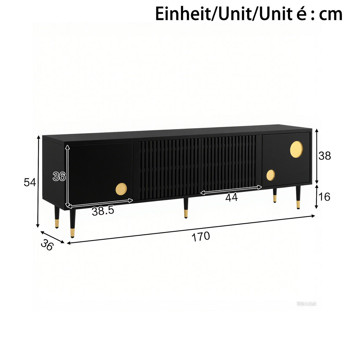 LOWBOARD 170/36/54 cm aus MDF mit Gitterfront und goldfarbenen Akzenten Schwarz - Schwarz, Holzwerkstoff (170/54/36cm) - Modenvie