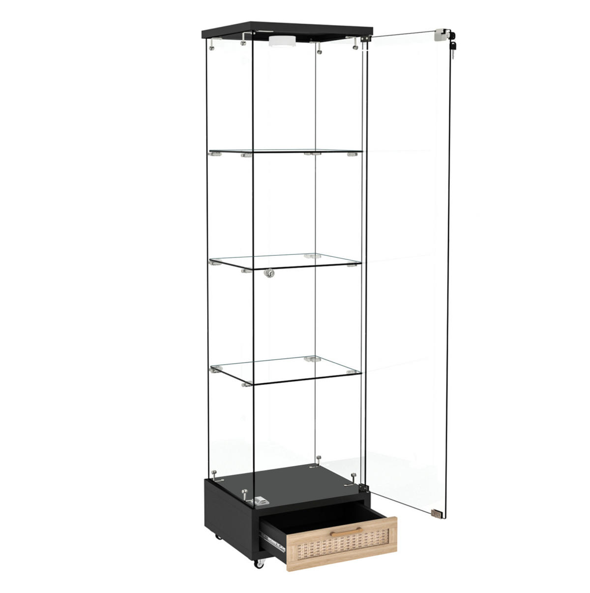 VITRINE 42,5/36,5/167 cm in Schwarz mit LED-Beleuchtung und Rollen - Schwarz, Holzwerkstoff (42.5/167/36.5cm) - Flora Grace