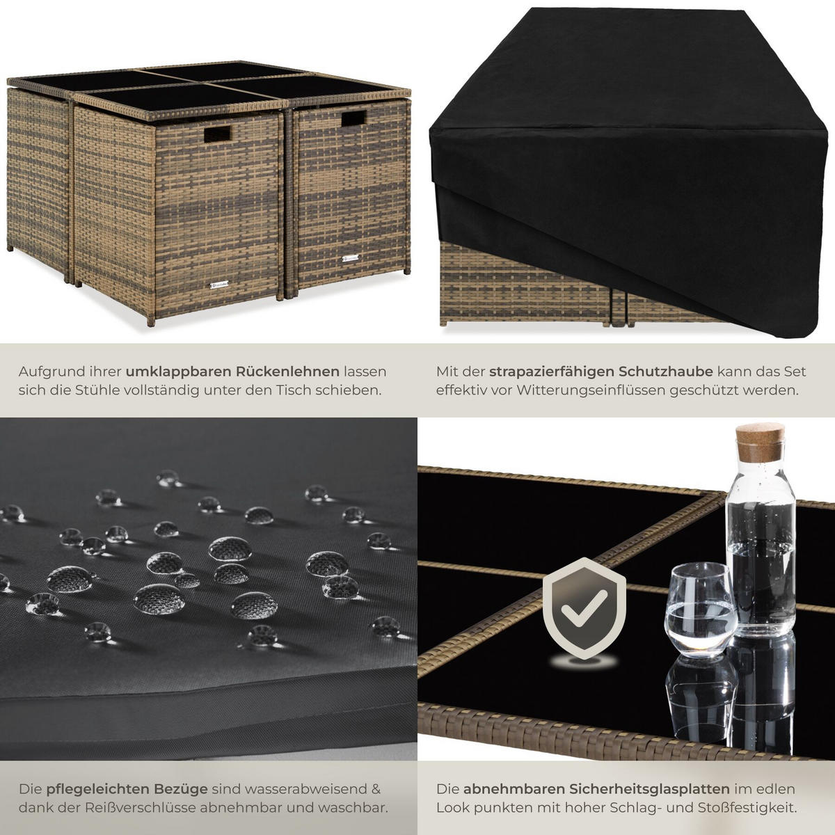 RATTAN-SITZGRUPPE Bilbao 4+4+1 inkl. Schutzhülle,Natur, 4 Sessel 53x53x87 cm, Tisch 110x110x73 cm,Abnehmbare Bezüge,Wasserabweisend - Naturfarben, Kunststoff - tectake