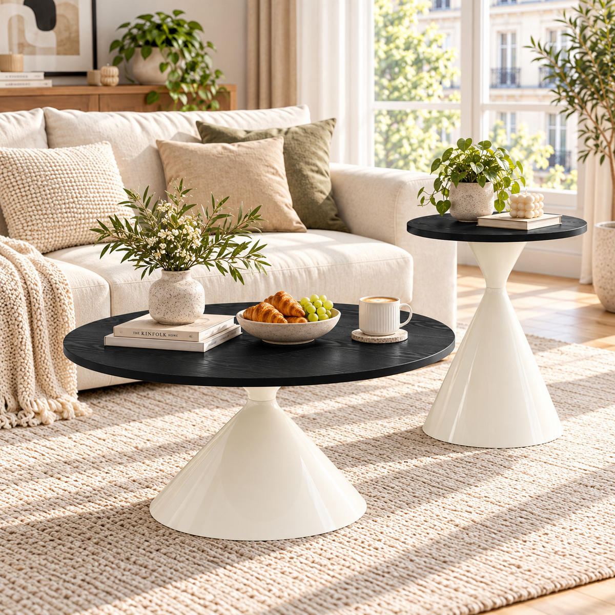 COUCHTISCH Set 2-teilig rund Schwarz/Weiß Melamin Stahlgestell 70/50 cm - Schwarz/Weiß, Metall (70/44.6/40cm)