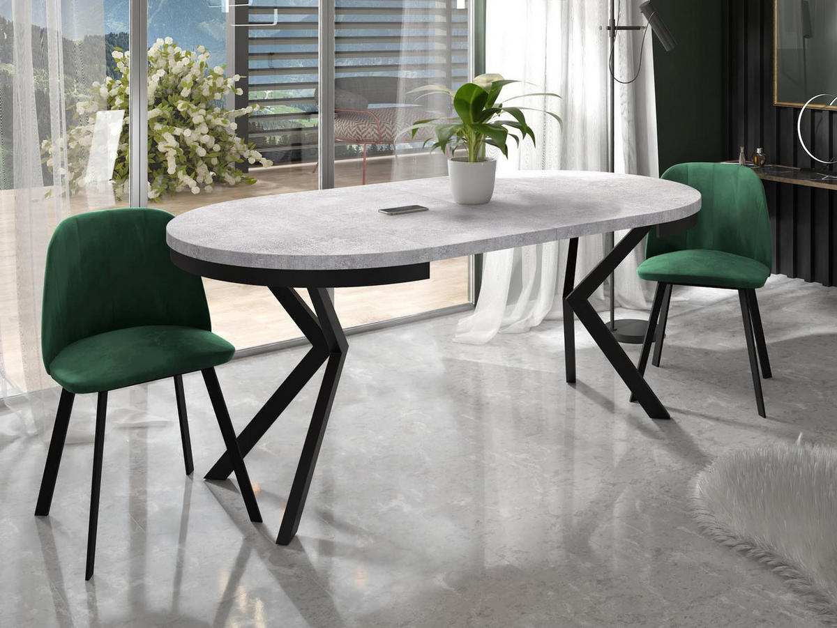 ESSTISCH Ross runder ausziehbarer, Grauer Beton 90-170/90/76 cm - Hellgrau/Schwarz, Holzwerkstoff/Metall (90/90/76cm) - WFL GROUP