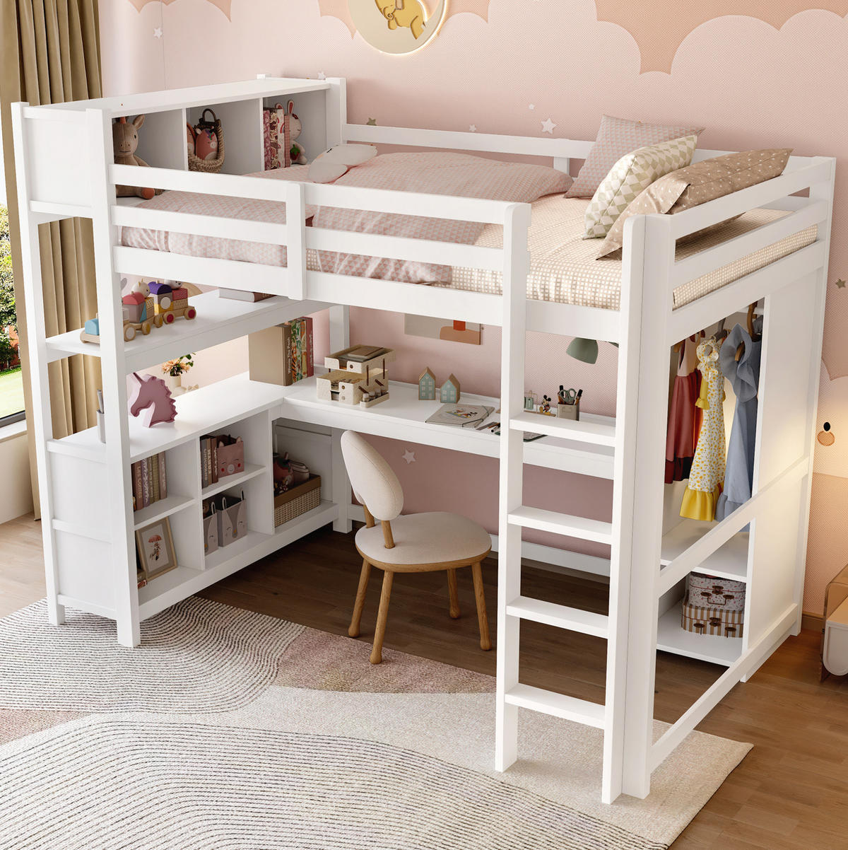 HOCHBETT 140/200 cm aus Kiefernholz und MDF mit Schreibtisch, Regalen und Kleiderschrank Weiß - Weiß, Holz (140/200cm) - Modenvie