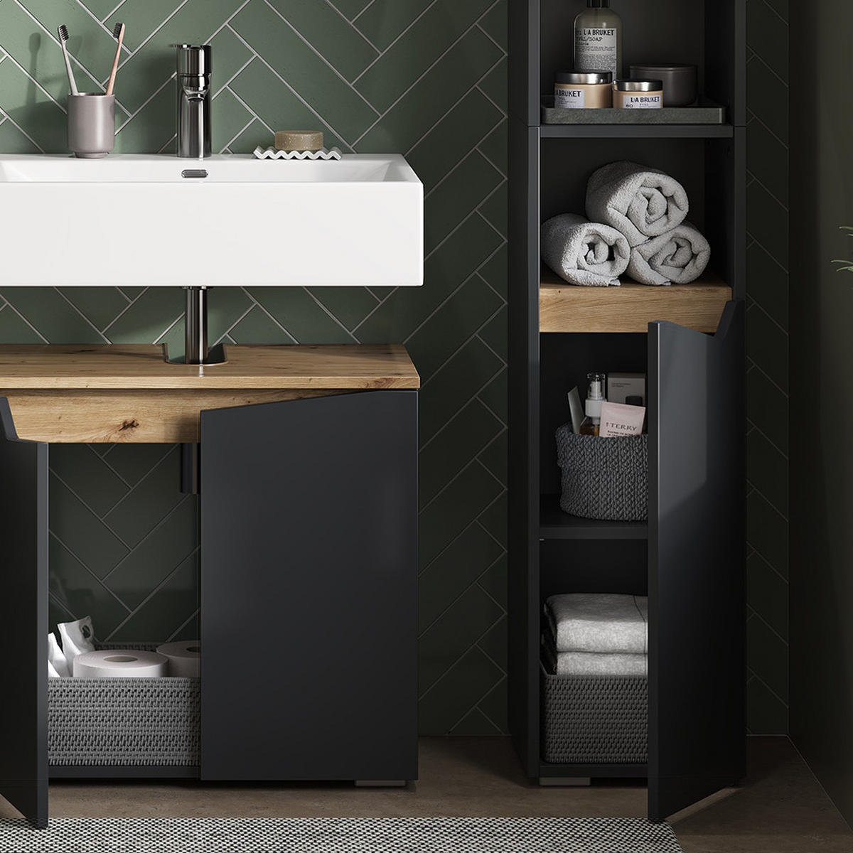 BADSCHRANK Marelle Anthrazit 30 x 180 cm mit Türen und offenen Fächern - Anthrazit, Holzwerkstoff (30/180/35cm) - Vicco