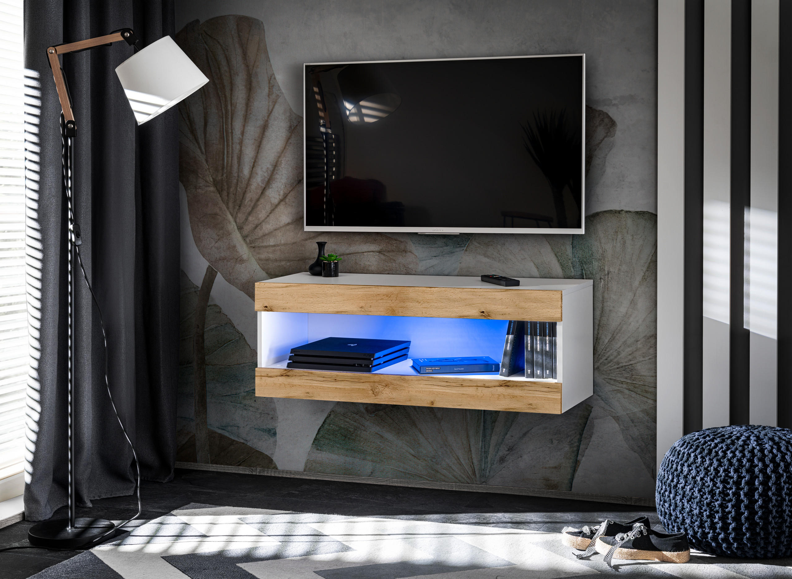 HÄNGEBOARD TV TIVOLI RTV2+BLU Offener Raum Weiß + Wotan - Eiche Wotan/Weiß, Glas/Holzwerkstoff (100/36/35cm) - Komodee