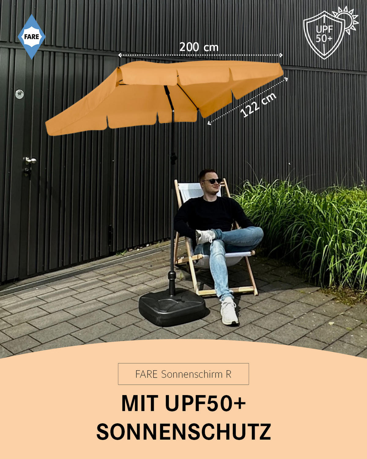 SONNENSCHIRM 122/200/126 cm - Orange, Kunststoff (200/122cm) - FARE