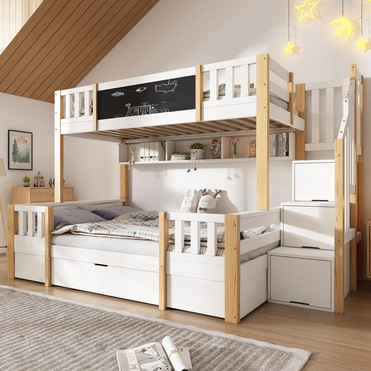 ETAGENBETT 90/200 cm & 140/200 cm in Weiß & Natur mit Schubladen, Regal und Leiterschrank - Weiß/Naturfarben, Holz/Holzwerkstoff (90/200cm) - WISHDOR