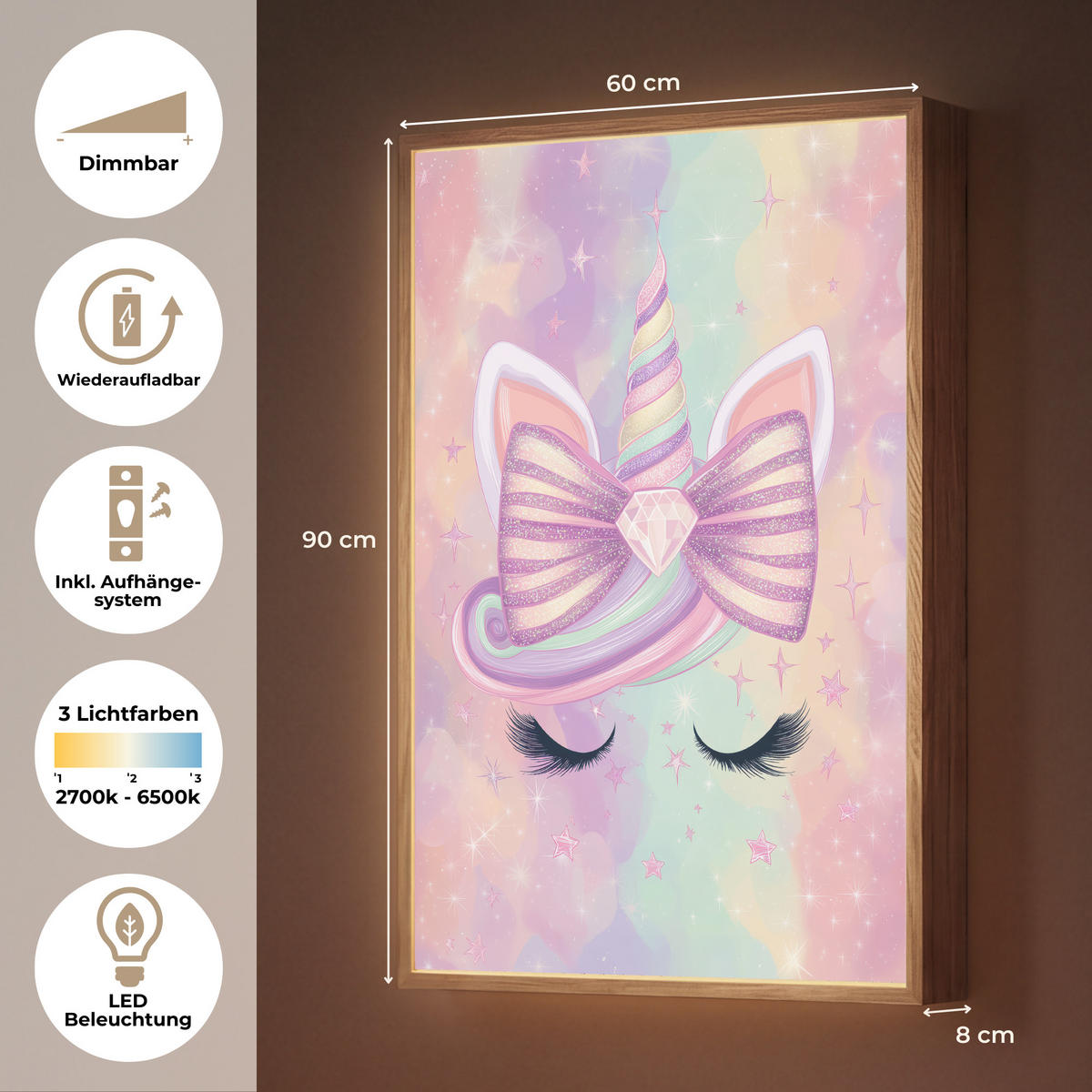 NÁSTĚNNÁ LAMPA S AKUMULÁTOREM Jednorožec - Třpytky - Duha - Pastelové barvy 60x90 cm - světle růžová, kompozitní dřevo (60/90/8cm) - OnlyWow