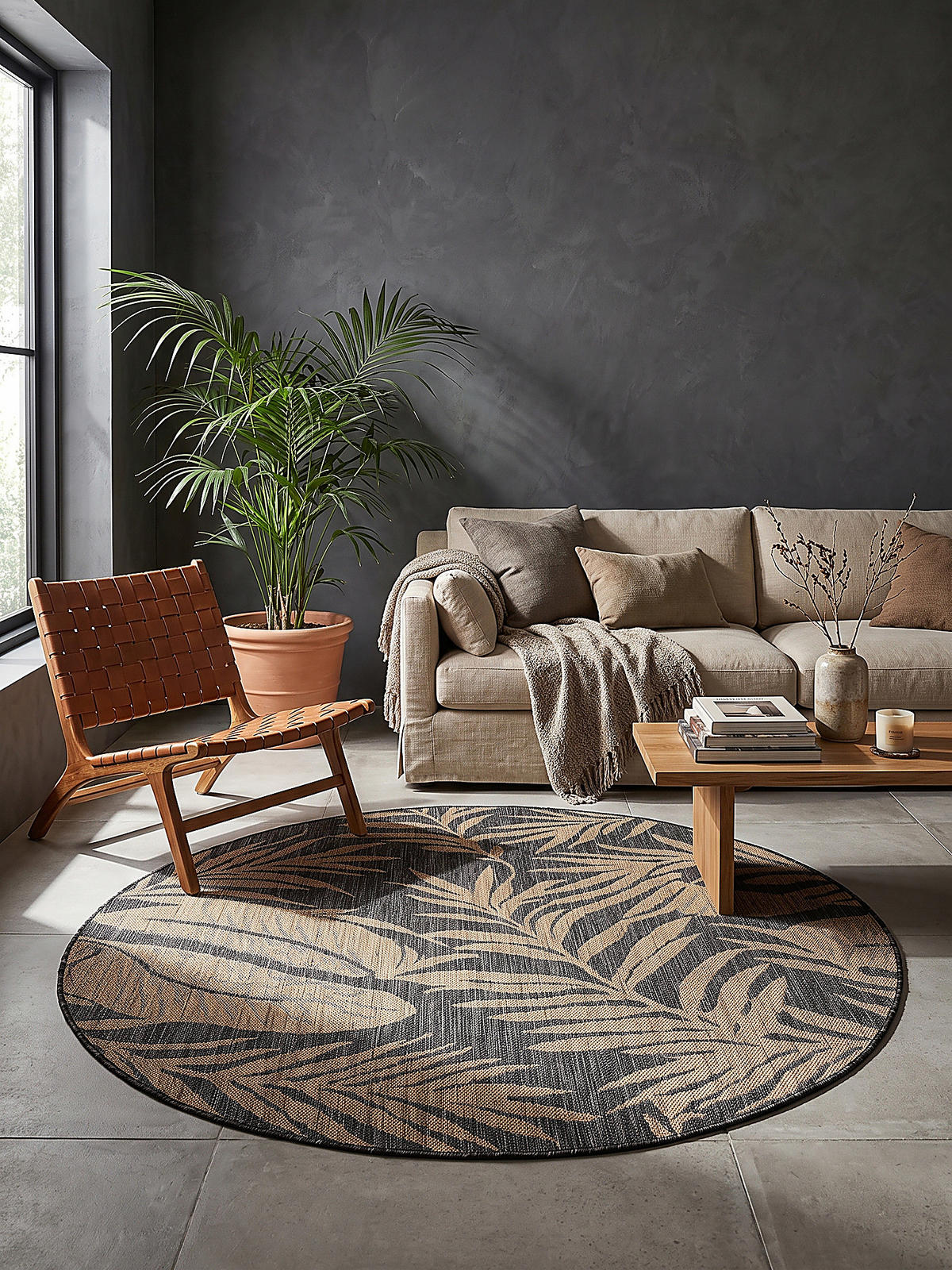 TEPPICH Flachgewebe, Outdoor, Fußbodenheizung-geeignet, mit Blattmotiv, VIGOLENO in Schwarz-Beige, Ø 160 cm - Schwarz, Textil (160/160cm) - KADIMA DESIGN