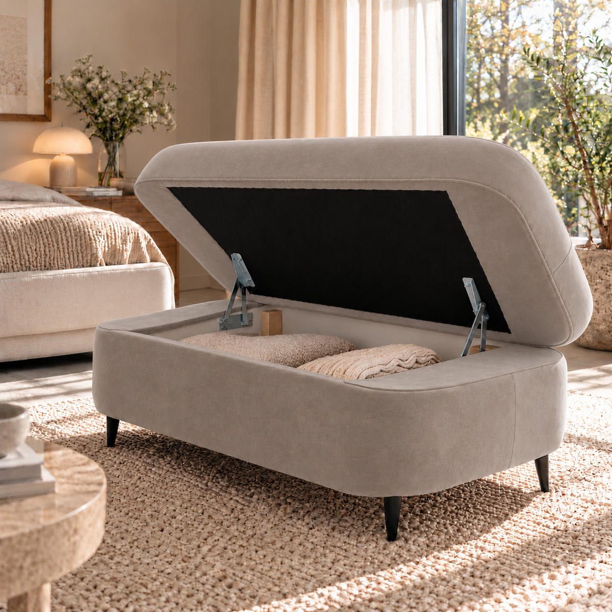 POUF PRIAM 104 x 60 cm Velours Beige - Beige/Schwarz, Holz/Textil (104/43/60cm) - Muffo