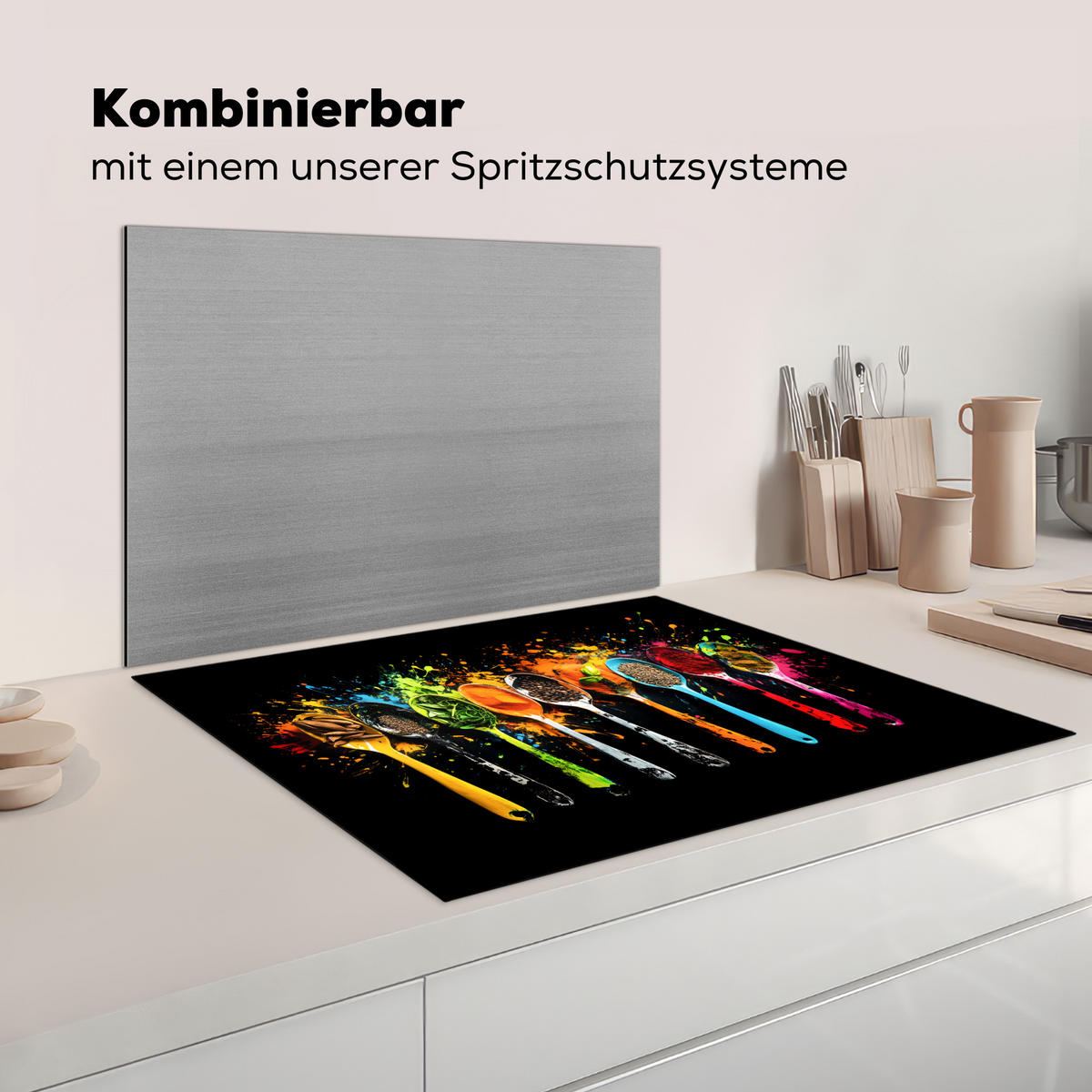 KRYT NA INDUKČNÍ DESKU Lžičky - koření - moderní - graffiti - barva - barevné 77x59 cm - různobarevná, plast (77/59/0.2cm) - MuchoWow