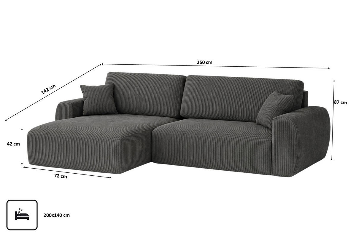 ECKSOFA Mit Schlaffunktion Ariel L, Cordstoff, Stoff Poso, Grau, Links - Grau, Holz (250/142cm) - Kaiser Möbel