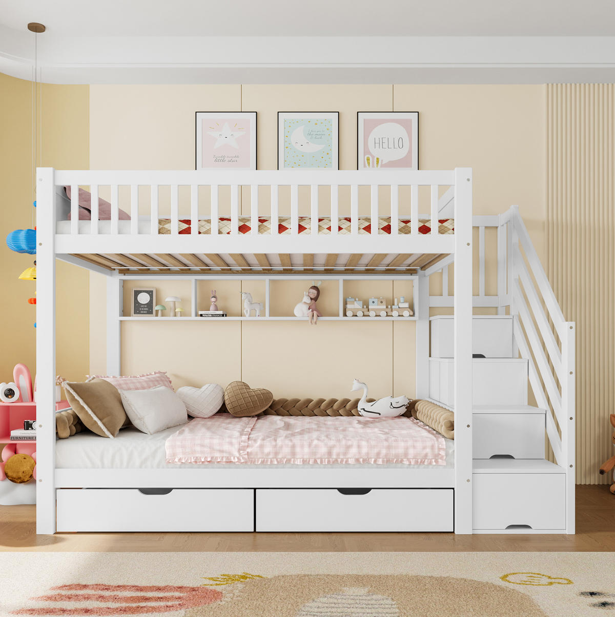 ETAGENBETT 90/200 cm aus Kiefer mit Stauraumtreppe und Kleiderschrank Weiß - Weiß, Holz (90/200cm) - Modenvie