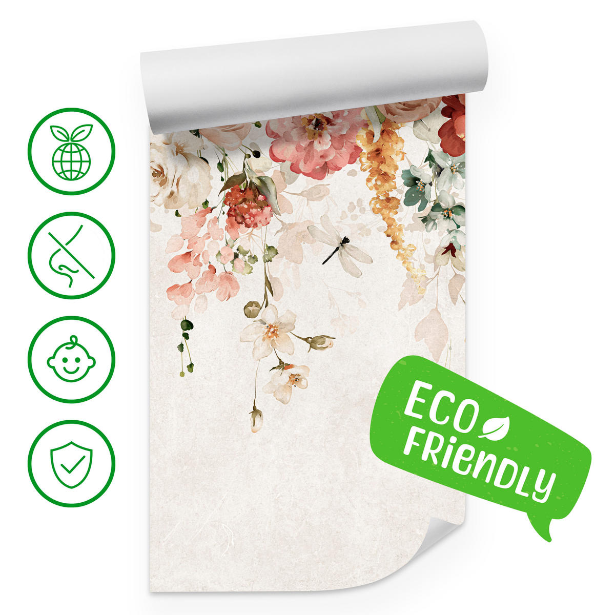 FOTOTAPETE für Esszimmer Aquarellblumen Blätter Pflanzen Pfingstrosen Rosen 500x350 - Multicolor, Papier (500/350cm) - Muralo