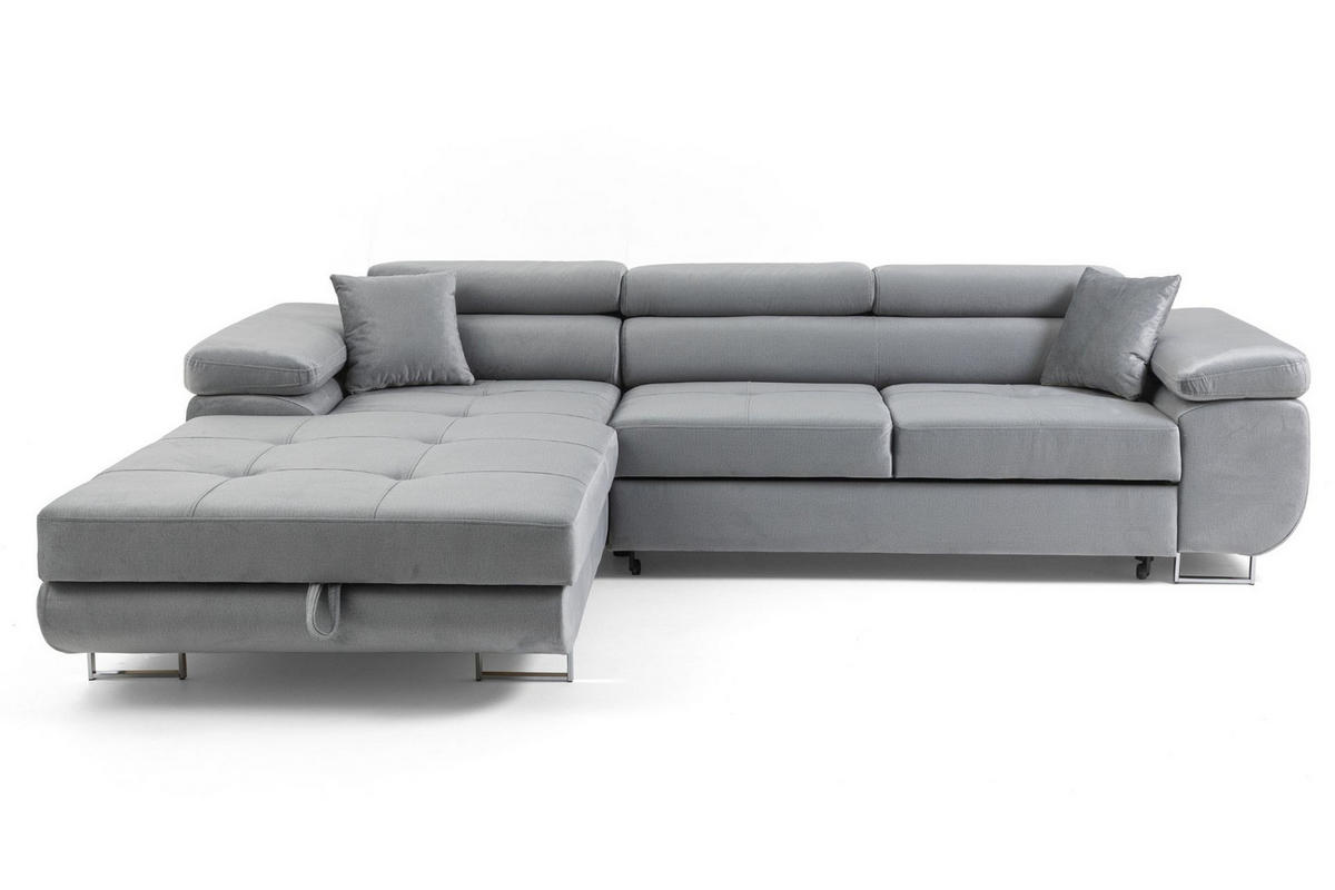 ECKSOFA ALONZO L Links mit Schlaffunktion 125x195 Velours Hellgrau - Silberfarben/Hellgrau, Holz/Textil (275/203cm) - Muffo