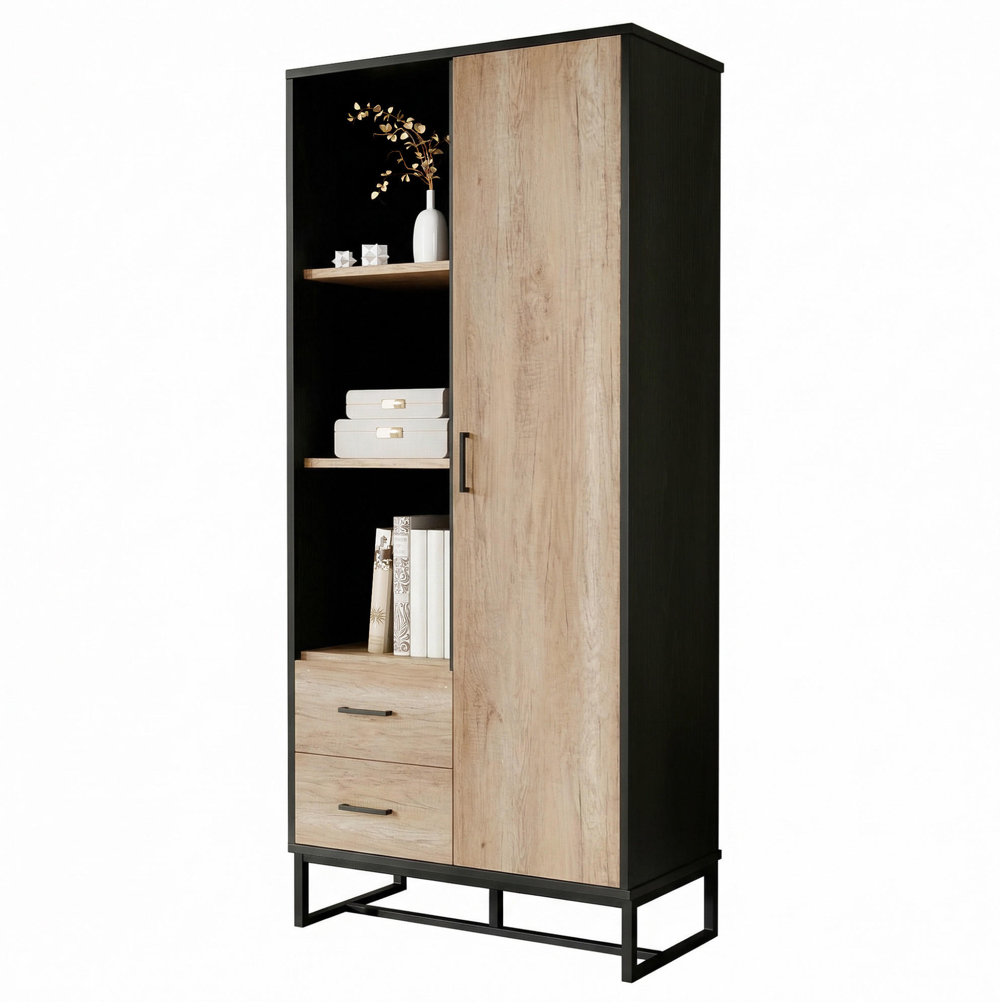 HIGHBOARD 80/180/40 cm Schwarz/Holzfarbe aus MDF mit 2 Schubladen - Schwarz, Holzwerkstoff (40/180/80cm) - OKMYHOME
