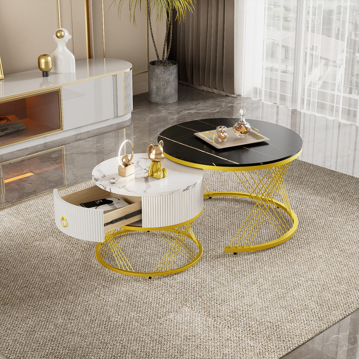 COUCHTISCH 2er-Set Marmoroptik mit Schubladen und Golddekor - Schwarz, Holzwerkstoff (70/70/45cm) - Korfee