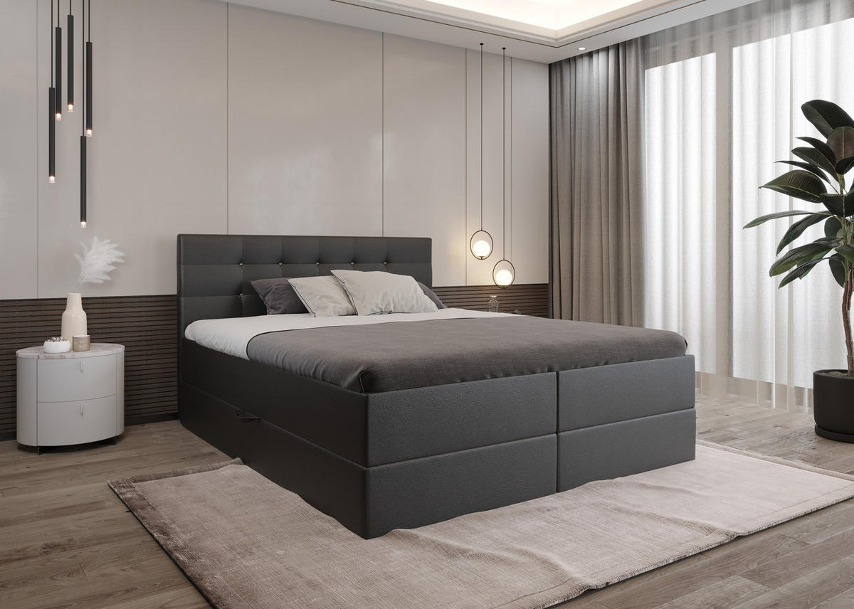 BOXBETT Malaga Schwarz Kunstleder 160x200 cm Bettkasten + Topper - Schwarz, Holz/Textil (160/200cm) - Comfortic
