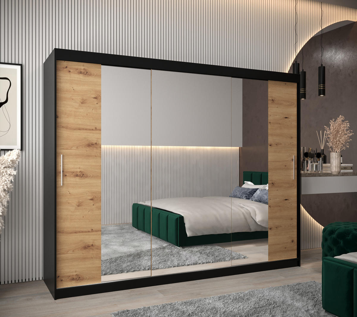 SCHWEBETÜRENSCHRANK 200/250/62 3-türig - Silberfarben/Schwarz, Holz/Kunststoff (250/200/62cm) - Abiks Möbel