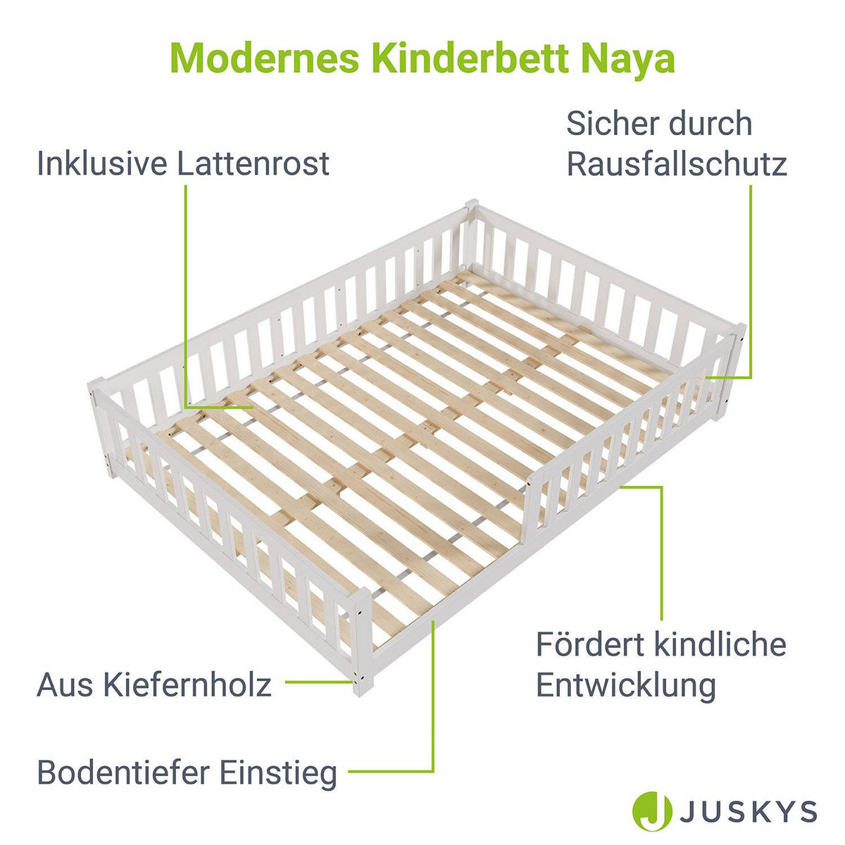 KINDERBETT Naya weiß mit Matratze 140x200 cm - Weiß, Holz (140/200cm) - Juskys
