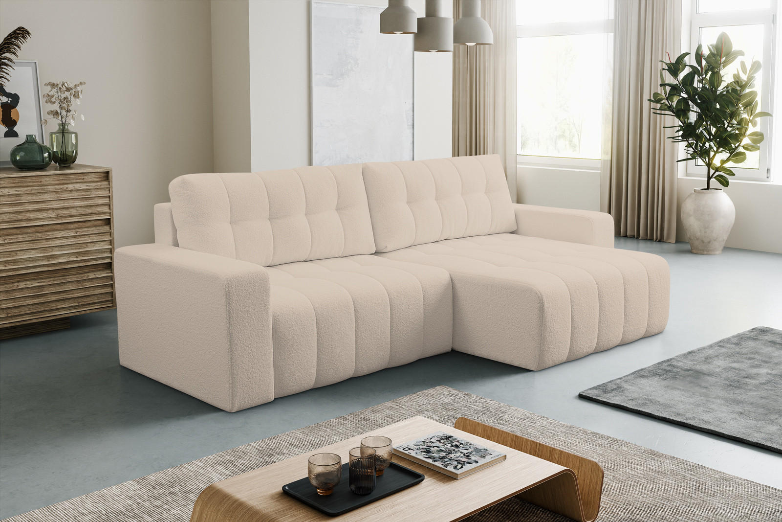 ECKSOFA Palermo mit Schlaffunktion und Bettkasten - Creme, Holz/Holzwerkstoff (245/143cm) - Ravio
