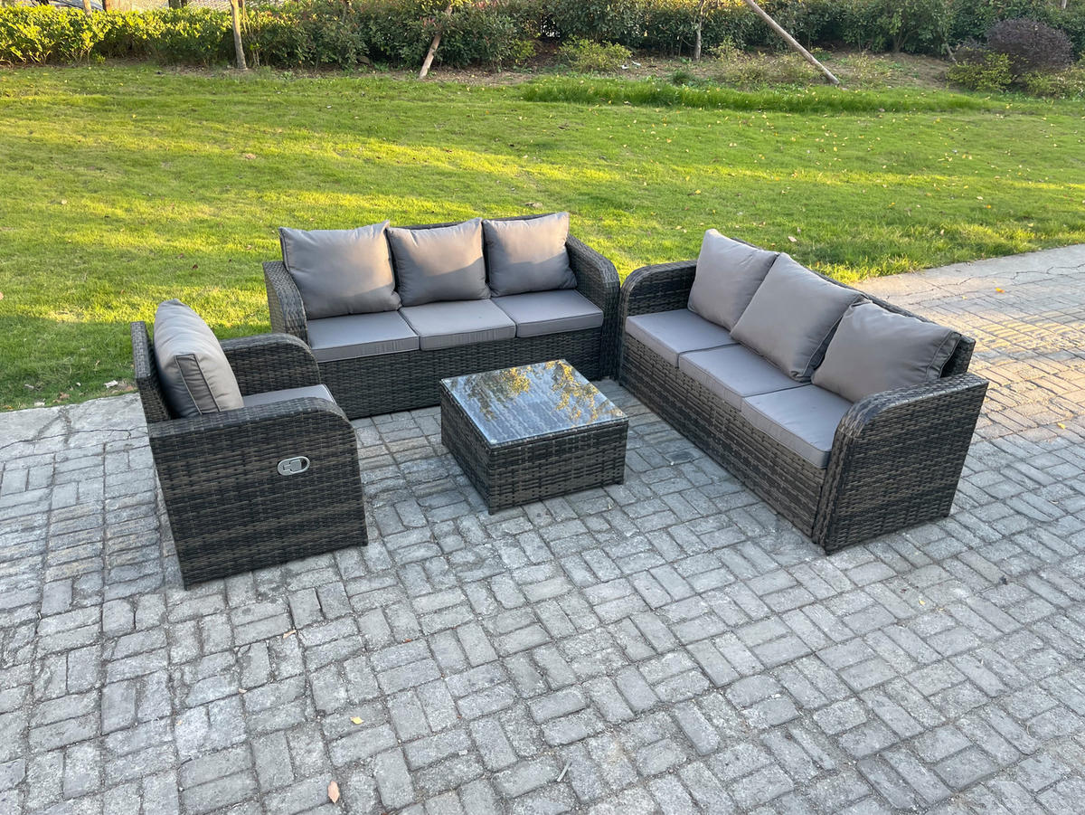 GARTENMÖBEL SET mit 3-SITZER SOFA Polyrattan Dunkelgrau 7-Sitzer - Dunkelgrau/Grau, Glas/Kunststoff - Fimous