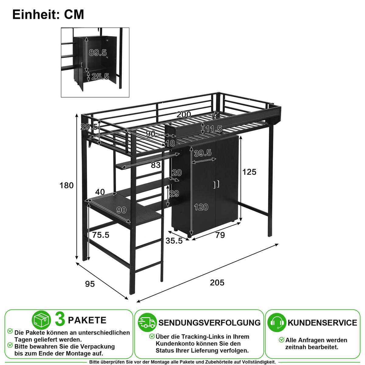 ETAGENBETT 90/200 cm in Schwarz mit Tisch, Kleiderschrank und Regal - Schwarz, Holzwerkstoff/Metall (90/200cm) - CHICFURN