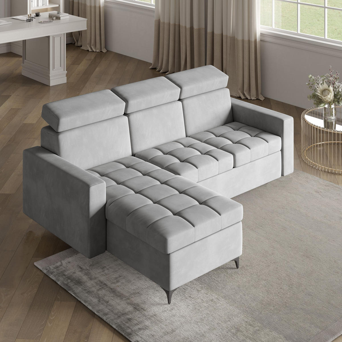 ECKSOFA KAME Hellgrau Plüsch-Stoff mit Schlaffunktion - Hellgrau, Holz (227/168cm) - MASSENO