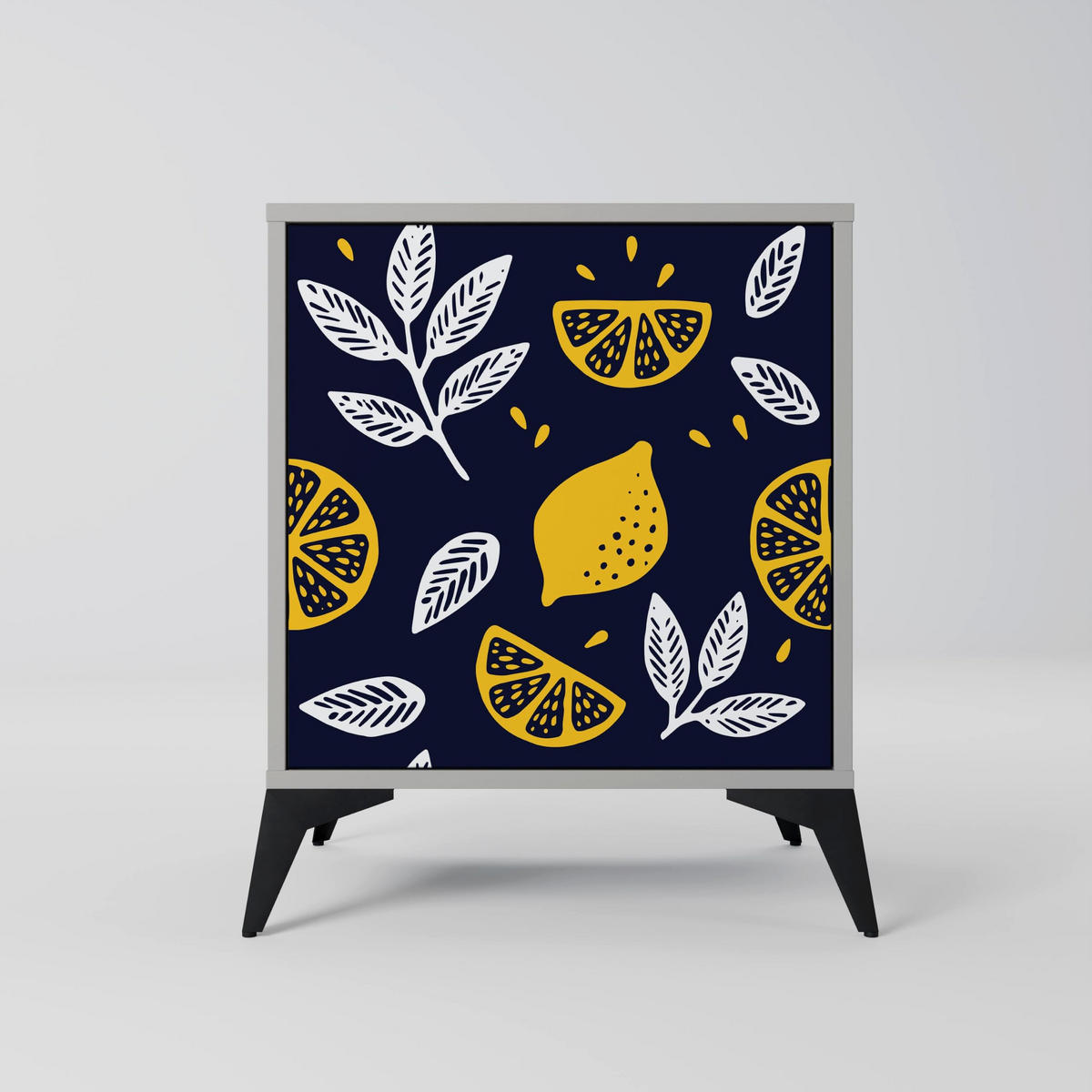 SIDEBOARD CITRUS BLACK AND WHITE, Grau, 57,5x42x67,5 cm, Schwarze Metall-Rahmenfüße - Multicolor/Schwarz, Holzwerkstoff/Metall (57.5/67.5/42cm) - SpaceRebels