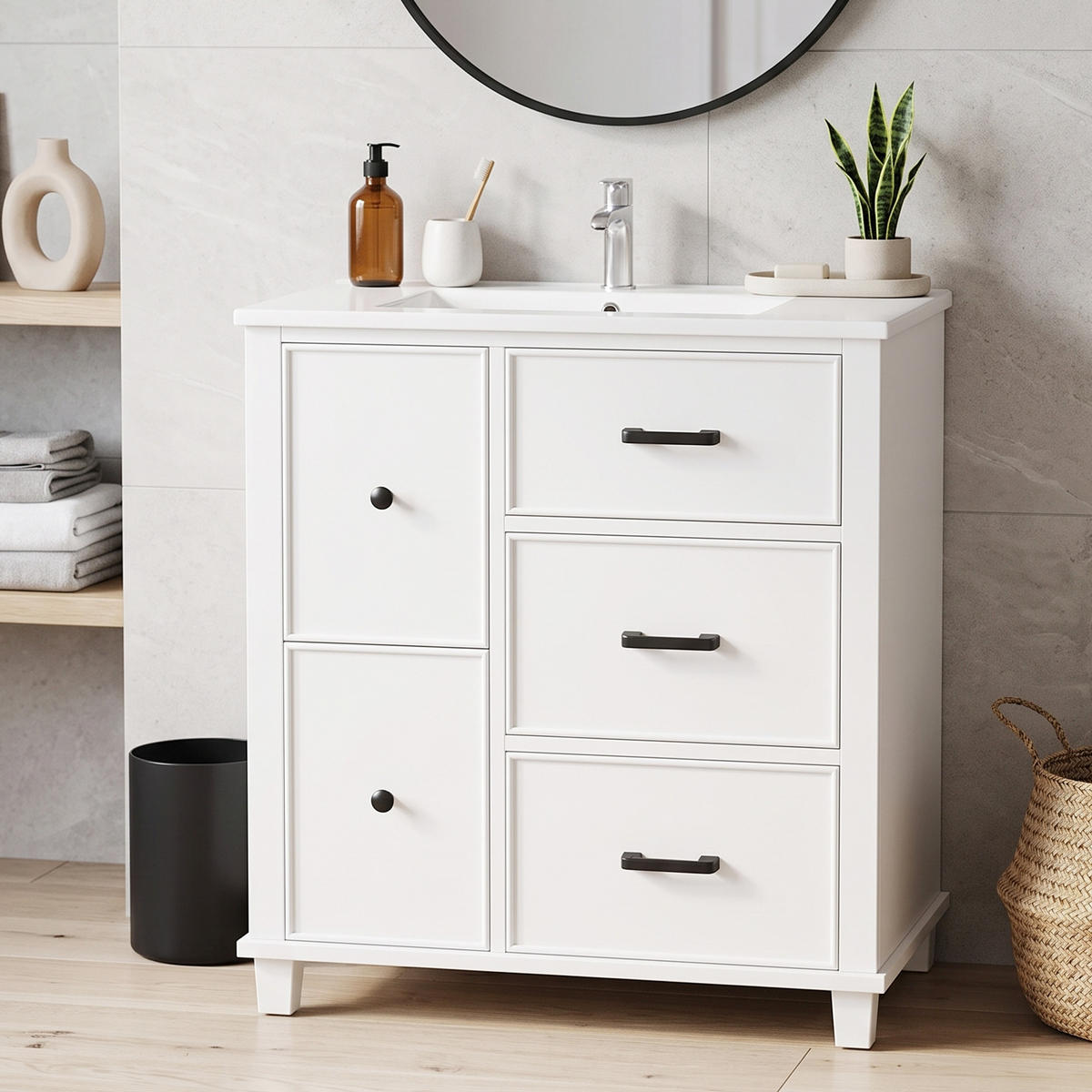 WASCHTISCH 76,5cm Keramikbecken 5 Schubladen Weiß lackiert - Weiß, Holzwerkstoff (76.5/83.5/47cm) - Urban Meuble