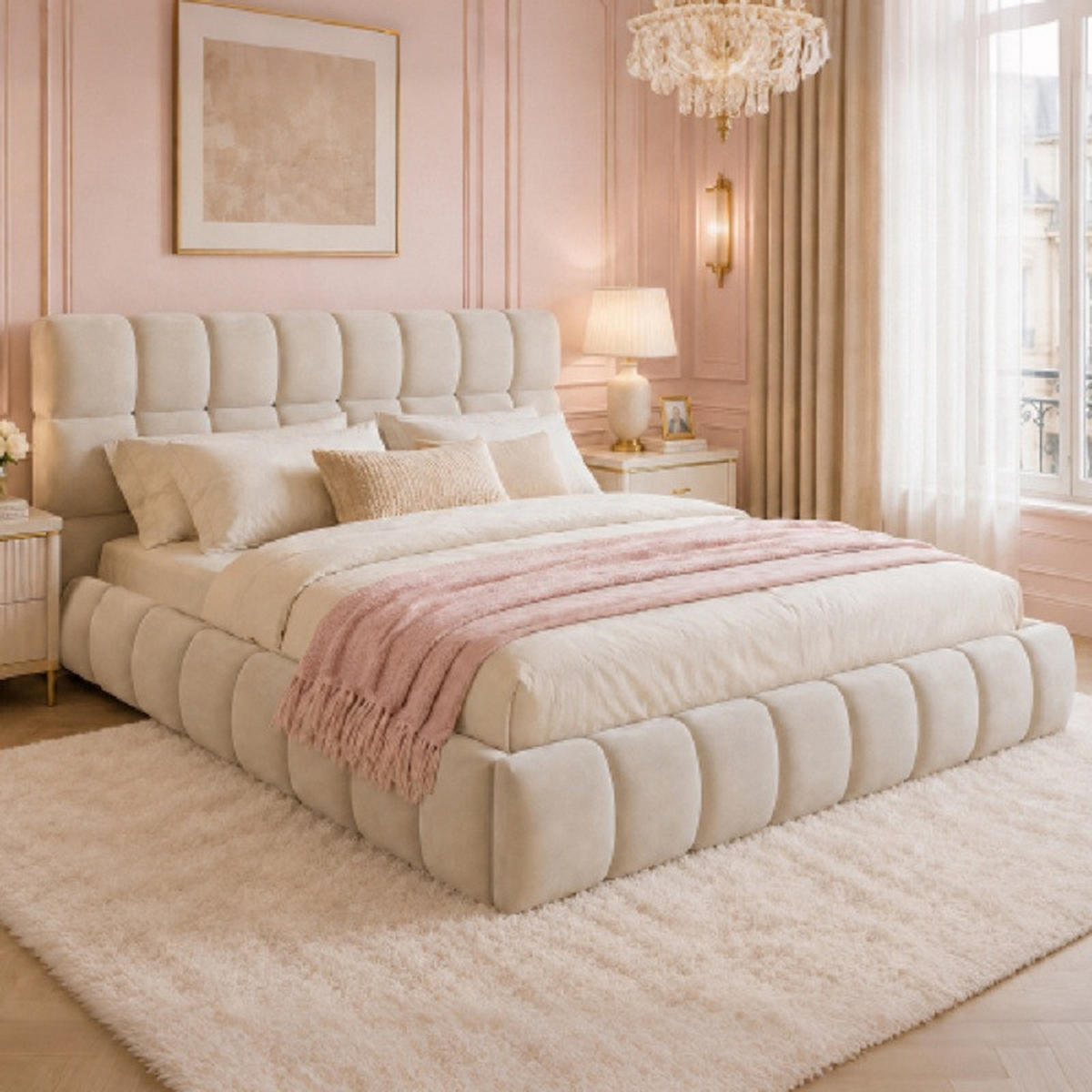 POLSTERBETT 140/190 cm in Beige Samt mit eingelassener Matratze - Beige, Holzwerkstoff/Textil (140/190cm) - WISHDOR