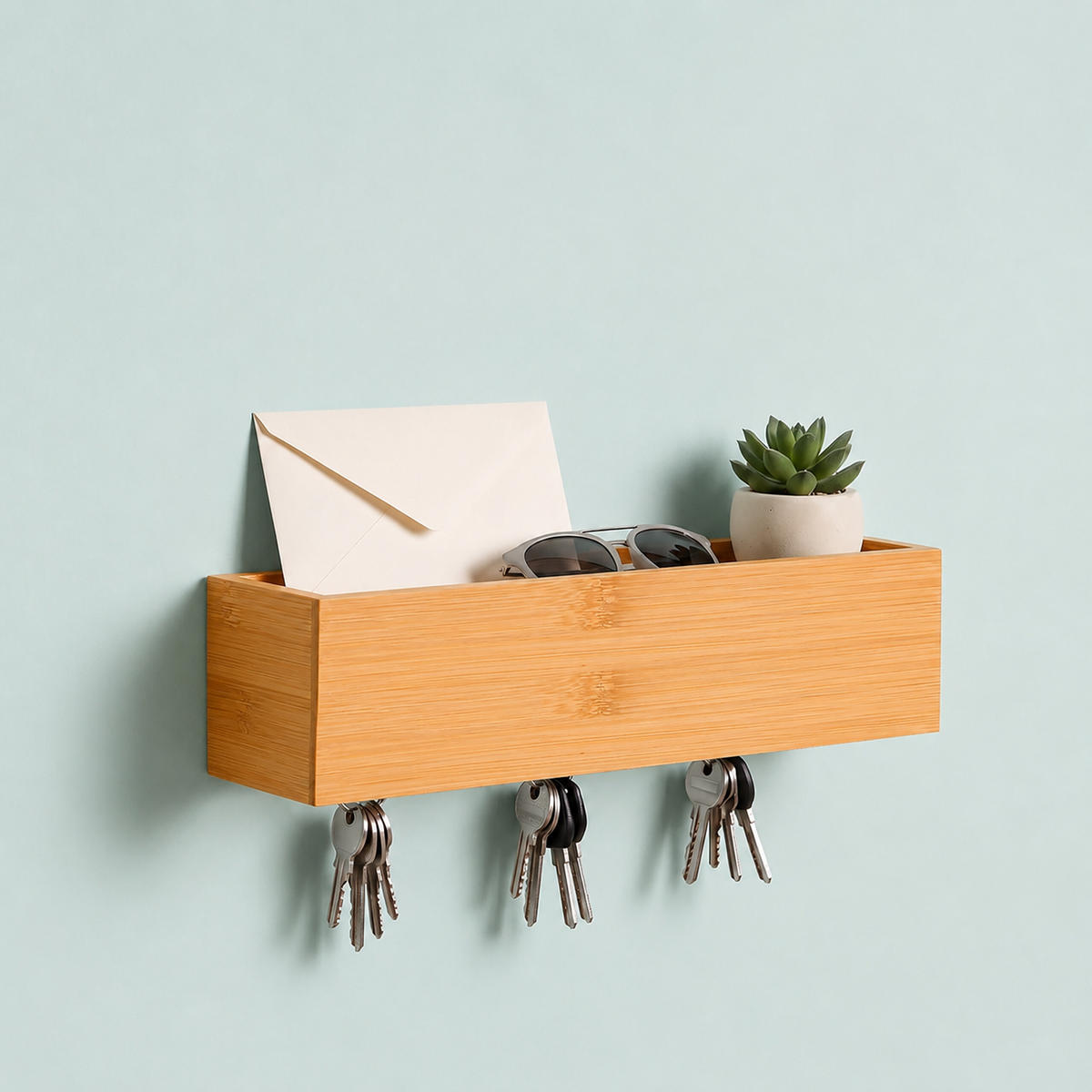 SUPORT pentru chei natural bambus 6 cârlige - maro deschis, lemn/metal (26/5/7cm) - Relaxdays