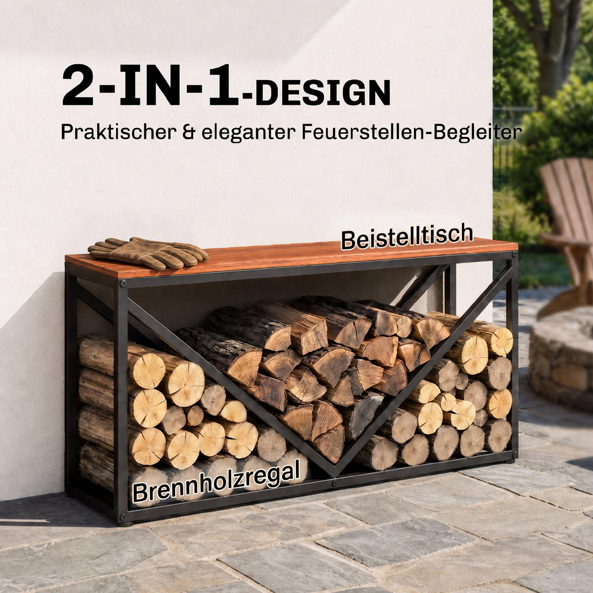 BRENNHOLZREGAL Metall Schwarz - Schwarz, Metall (28/50/98cm) - Outsunny