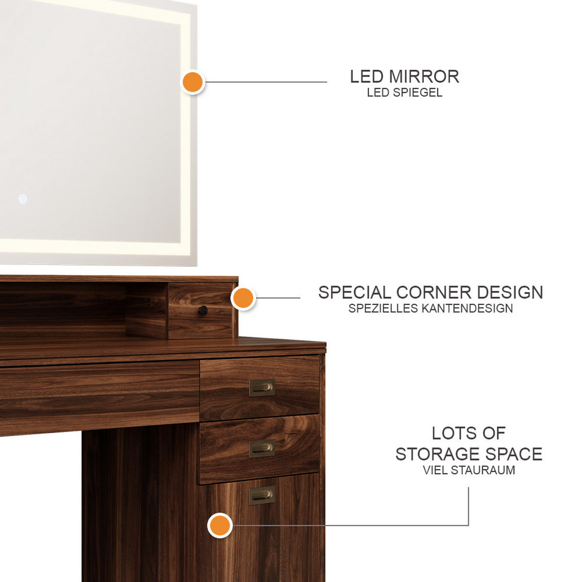 SCHMINKTISCH Neria Eiche rustikal 120 cm mit LED-Spiegel - Wildeiche, Holzwerkstoff (120/93.5/50cm) - Vicco