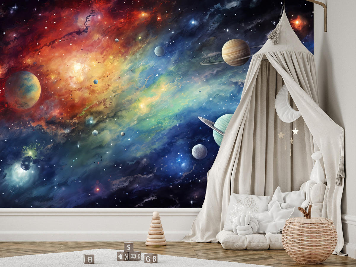 FOTOTAPETE für Jugendzimmer Aquarell Galaxie Planeten Sterne 450x315 - Blau/Gelb, Papier (450/315cm) - Muralo