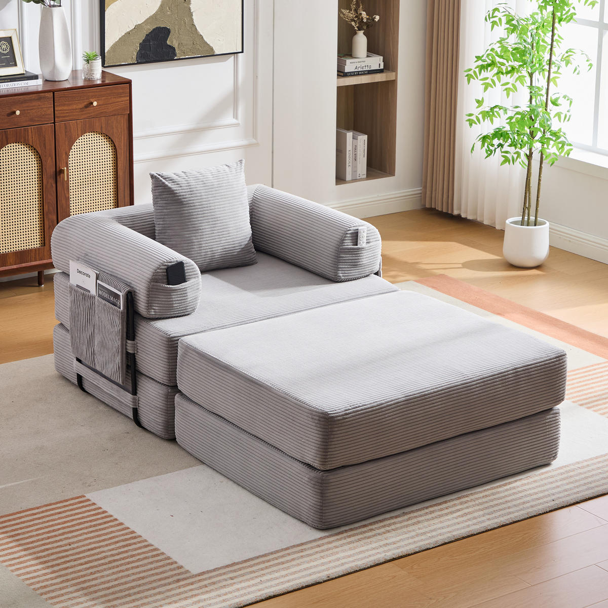 SOFA Cord Hellgrau mit Kissen und Hocker - Hellgrau, Textil/Metall (112/67/190cm) - WISHDOR