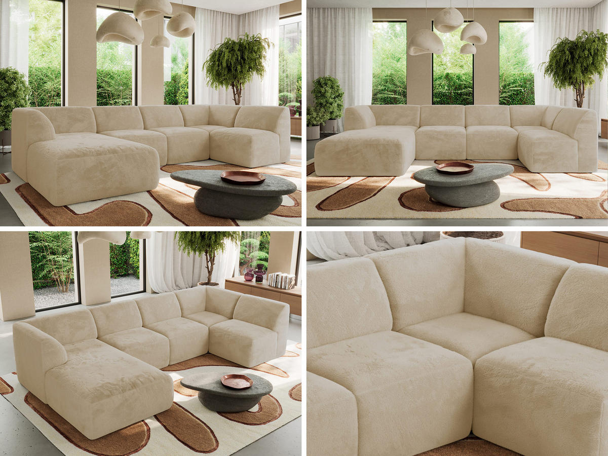 WOHNLANDSCHAFT MODARO U 5M - Creme Plüsch - Links - Creme/Schwarz, Textil (180/78/345cm) - MKS