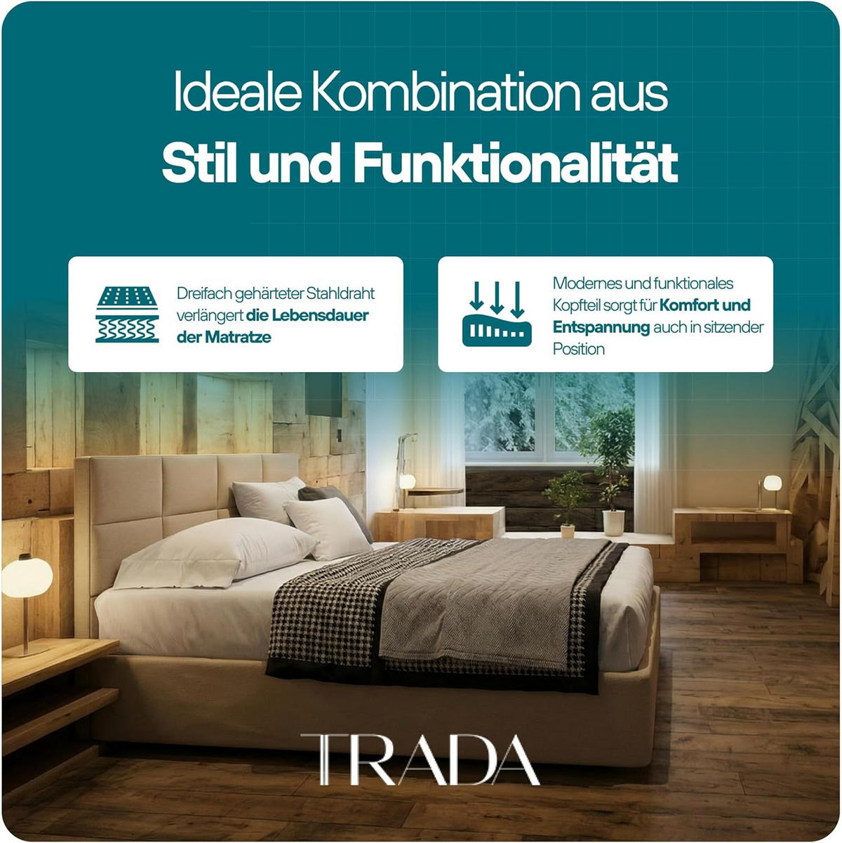 BOXBETT mit Pocket und Bonellmatratze - Mallorca - Sehr Weich Modern Bett ohne Bettkasten - 180x200 cm - Schwarz - Schwarz, Kunststoff (180/200cm) - Trada
