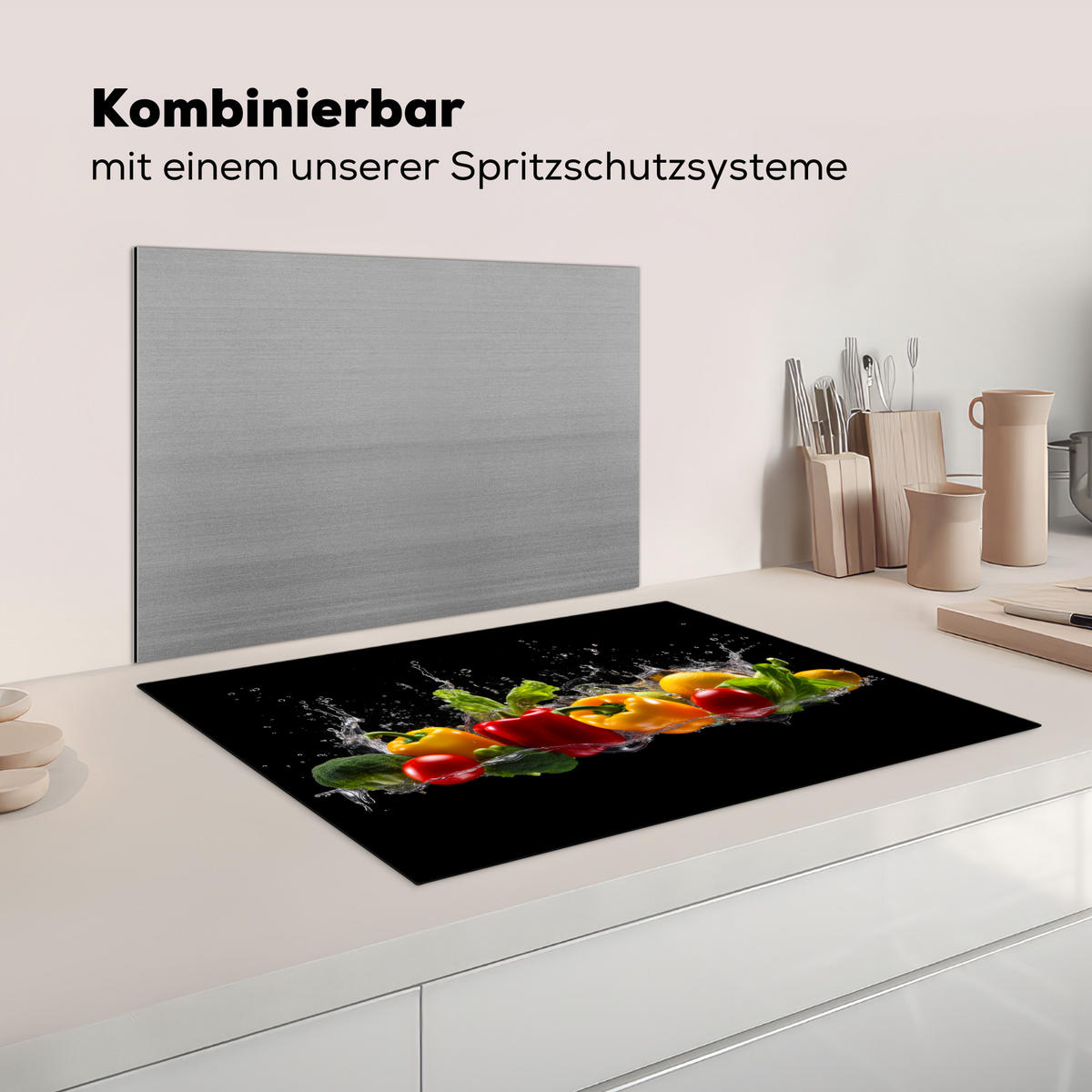 HERDABDECKPLATTE Paprika - Wasser - Gemüse - Schwarz Herdabdeckung Induktionsfeld 75x52 cm - Multicolor, Kunststoff (75/52/0.2cm) - MuchoWow