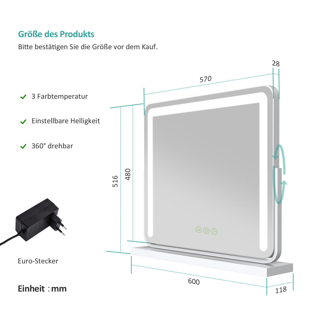 KOSMETIKSPIEGEL mit Beleuchtung, Weiß, 60/51,6/11,8 cm - Weiß, Glas (51.6/12.2/60cm) - EMKE