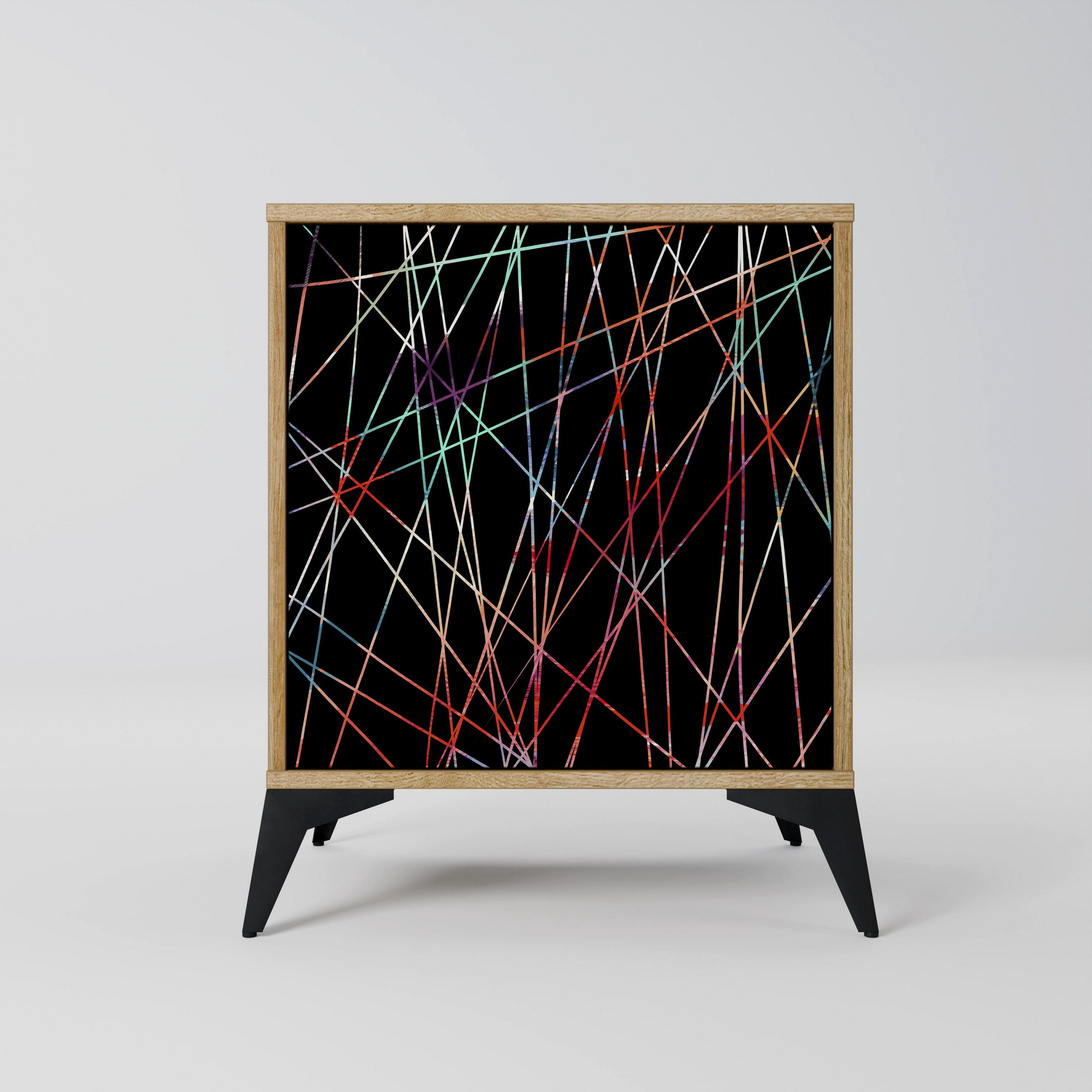 SIDEBOARD LUMINOUS SNARE, Eichefarben, 57,5x42x70,5 cm, Schwarze Metall-Sternfüße - Eichefarben/Multicolor, Holzwerkstoff/Metall (57.5/70.5/42cm) - SpaceRebels