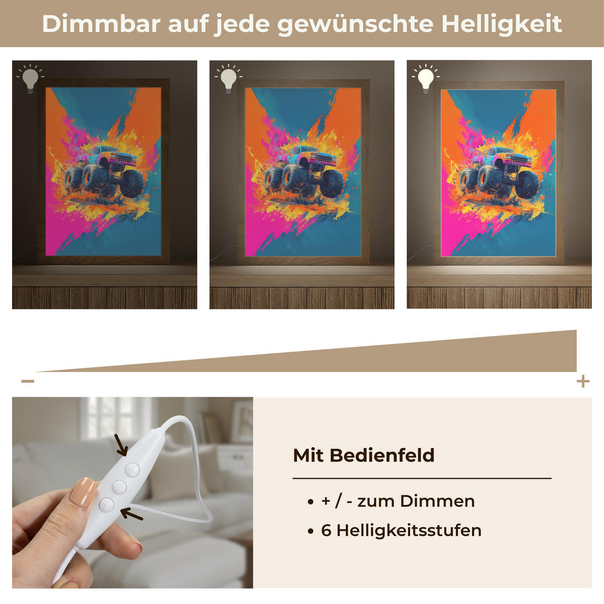 NÁSTĚNNÁ LAMPA Monster truck - Abstraktní - Stříkající barva - Barevné 20x30 cm - růžová, kompozitní dřevo (20/30/8cm) - OnlyWow