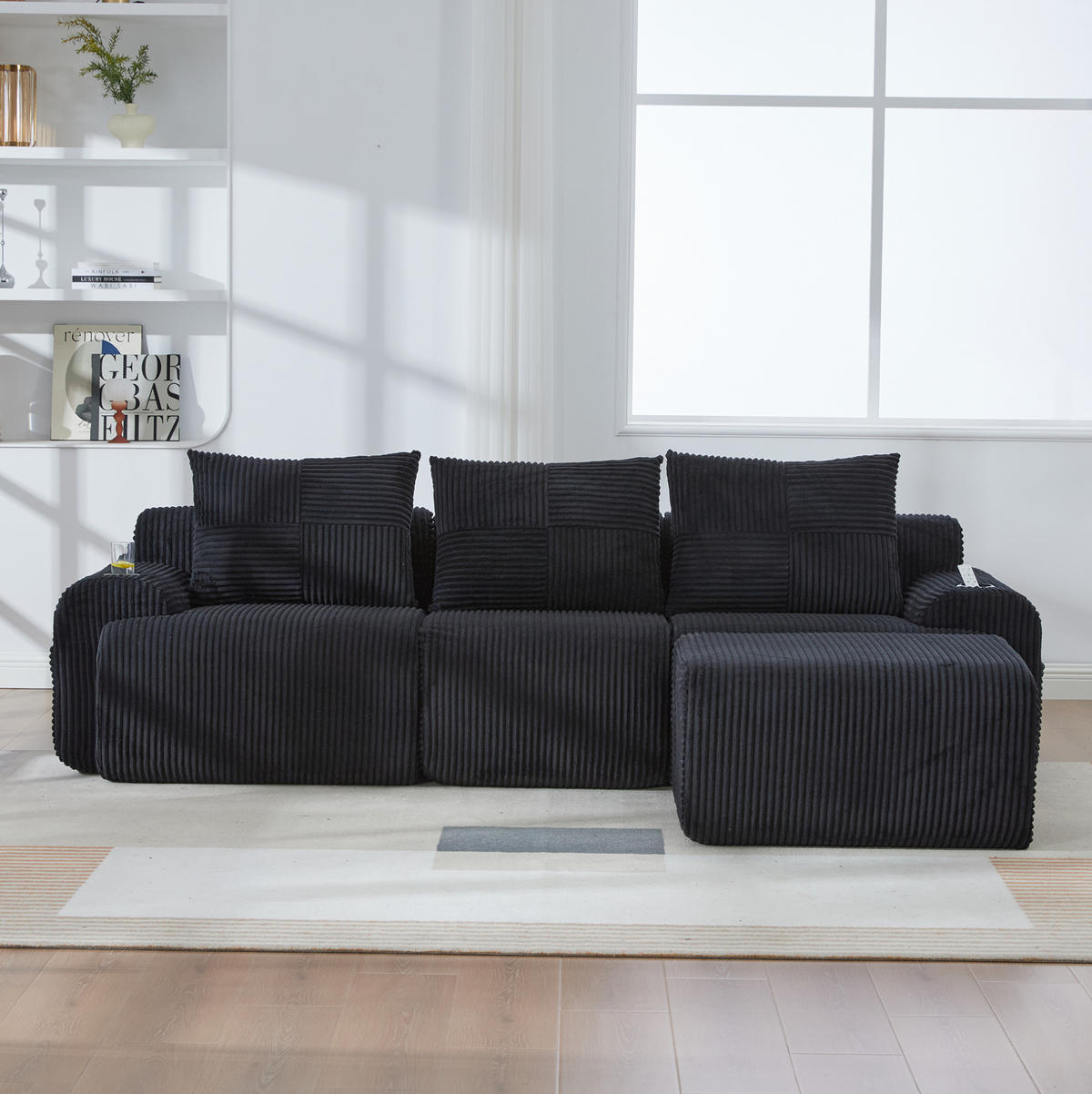 SOFA modular 268 x 174 cm Cord Schwarz mit Cupholder - Schwarz, Kunststoff (174/268cm) - Meubliv