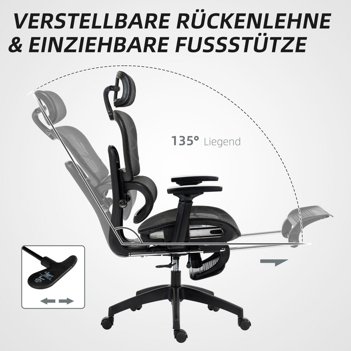 DREHSTUHL 64/66/114-122 cm schwarz aus Polyester mit Liegefunktion - Schwarz, Kunststoff (64/122/66cm) - OKWISH