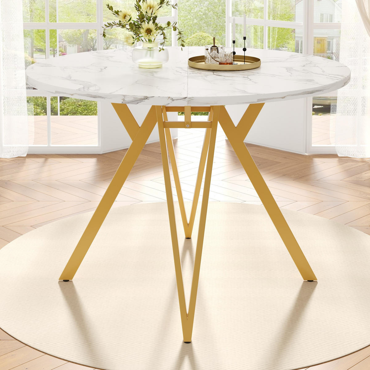 ESSTISCH 100x100x76 cm in Weiß und Gold aus MDF mit Marmoroptik auf goldenem Metallgestell - Goldfarben, Holzwerkstoff (100/100/76cm) - Modfu